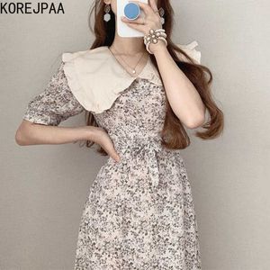 Korjpaa Kvinnor Klänning Sommar Koreanska Chic Girl Sweet Lapel Trä öron Stitching Lace-up Floral Puff Sleeve Chiffon Vestidos 210526