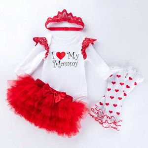 Summer Baby Girls 4-pcs Sets Love Heart Long T-shirt + Tutu Skirt Headwearsocks Outfits Children Jumpsuit E5030 210610