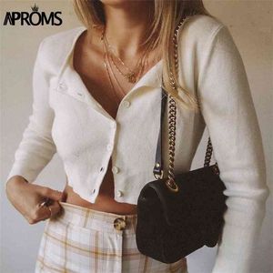 Aproms Candy Color Ribbed Knitted Cardigan Women Autumn Winter Long Sleeve Basic Cropped Seaters女性カジュアルショートジャンパートップ210917