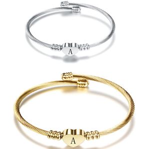 Guld silverfärg Rostfritt stål Hjärta Armband Bangle med brev Mode Initial Alphabet Charms Armband för kvinnor