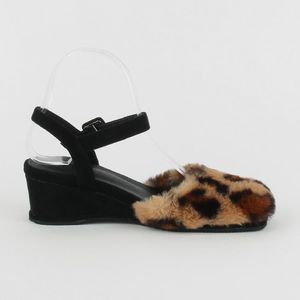 Summer Women's Faux Fur Square Toe Slingback Wedge Heel Sandals Shoes Black White Leopard M65