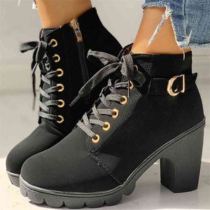 Winter Women Ankle Boots High Chunry Heel Fur Plush Rubber Platform Cross-tied Buckle Zipper Punk Sexy Ladies Shoes Botas Mujer 210619