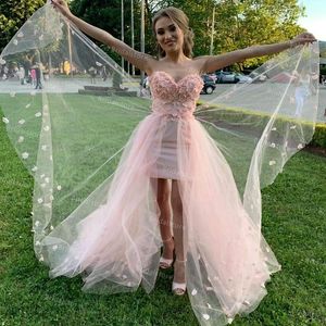 Seksowne Wysokie Niski Różowy Floral Prom Dresses Sweetheart Overskirt Krótkie Kobiety Ukończenie Ceremonii Suknia Wieczorowa 2021 Tulle Formalna Party Boho Dress