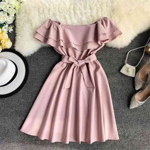 Solid Color Ruffle Slash Neck Strapless High Waist Seaside Holiday Casual Dress Summer Women Vestidos E617 210527