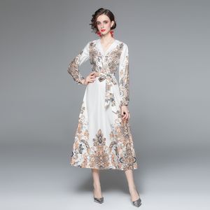 2022 мода печати искусственное платье с длинным рукавом женщин дизайнер V-образным вырезом элегантный лук вспыхиваемые длинные платья весна осень милая офисная леди Prom Retro Floral Maxi Fron