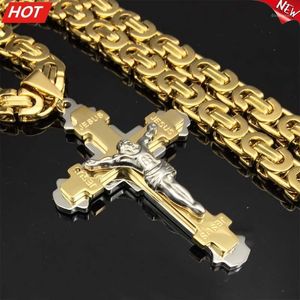 Chains Heavy Crucifix Jesus Cross Necklace Stainless Steel Christs Pendant Gold Byzantine Chain Men Necklaces Jewelry Gifts 24"