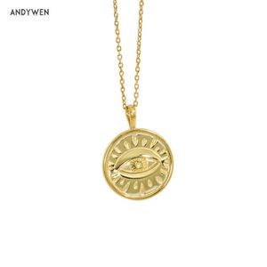 ANDYWEN 925 Sterling Silver Geometric Irregular Coins Eye Pendant Necklace Long Chain Wedding Gift Rock Punk Fashion Fine Jewel