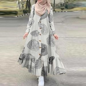 Muslim Hijab Kleid Frauen Plus Größe Herbst Gedruckt Kleid Retro Frauen Sommerkleid Langarm Rüschen Vestidos Weibliche Taste Maxi Robe 210712