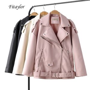 Fitaylor Autumn Women Loose Leather Jackets Turndown Collar Rivet Epaulet Zipper Biker Overcoat Female Faux Soft Leather Outwear 211007