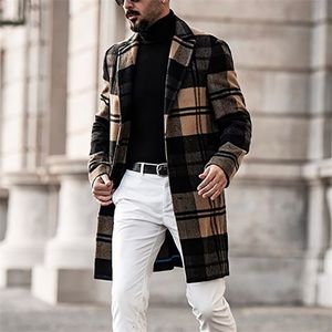 Mäns rockar lång höst Casual Mid-Long Wool Coat Men Slim Fashion Streetwear Plaid Wool Jacket Men Trench Coat 211106