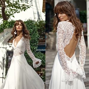 Vintage Bohemian Suknie ślubne 2021 Retro V Neck Backless Free People Hippie Country Style Długi rękaw Suknie Ślubne Suknie Ślubne