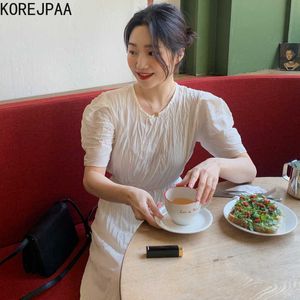 Korejpaa Women Dress Summer Korean Chic Simple Round Neck Pleated Design High-Waist Slim-Fit Long Short-Sleeved Vestidos 210526