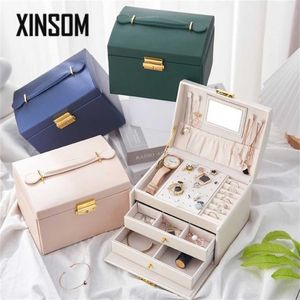 Xinsom Jewelry Organizer Caixa de Armazenamento Casket Mulheres Pu Couro Alta Capacidade Brincos Brincos Anéis Embalagens Display 211105