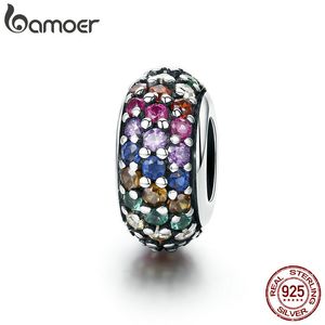 Bamoer Moda Yeni Hakiki 925 Ayar Gümüş Gökkuşağı Renkli Zirkon Spacer Boncuk Fit Charm Bilezik DIY Takı Yapımı SCC583 Q0531