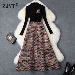 Women's Fashion Autumn Winter 2 Piece Dress Set Female Party Outfits Black Sweater Top and Long Tweed Woolen Skirt Suit Twinset 211119