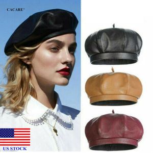 Fashion Beret Faux Leather Women&#039;s Solid Plain Flat Top PU Berets Hats French Style Cap F1127 US STOCK FAST SHIPPING