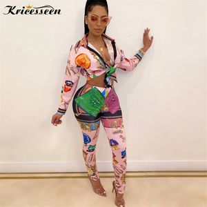 Kricesseen Vintage African Print Двухструктурные брюки набор женской кнопки вверх по верхним и длинным брюкам костюмы сопоставления наборы наборы деталей 211105