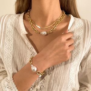 Earrings & Necklace Deisgn Women Limitation Pearl Pendant Cuban Link Chain Bracelet Set Boho Snake Choker Summer Jewelry Sets
