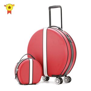 スーツケースの女性が美容ケース、丸いABS + PC旅行荷物袋、ユニバーサルホイール旅行のトロリーボックスとハンドバッグを持つスーツケース