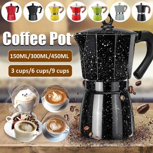 アルミコーヒーメーカーの耐久性Mocha Cafetiraイタリアンエスプレッソパーコレーターポット実用的なモカコーヒーポット150/300 / 450ml 3/6/9カップ210309