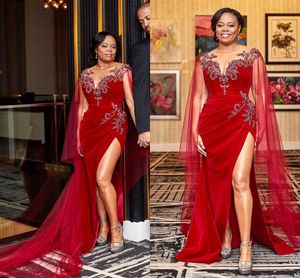 Red Velvet African Evening Formal Dresses with Cape Wrap 2021 Plus Size Lace Beaded High Slit Nigerian Prom Dress Wear