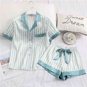 QWEEK Cute Womens Pajamas Silk Two Piece Set Sleepwear Satin Pijama Pyjama Shirt + Shorts Homewear Night Suits 210809
