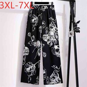 Summer Plus Size Women Clothing Flare Pants For Large Loose Casual Wide Leg Floral Print Black Long Trousers 7XL 210925