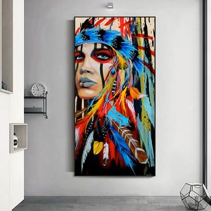 Modern Home Decor Tela Pittura Piuma Guerriero Donna Africana Immagini di Arte Della Parete Per Soggiorno Poster E Stampe Astratte