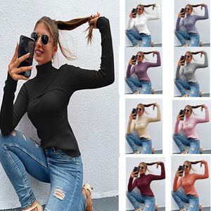 women's t-shirt 2021 Tops Tees high collar autumn winter European and American style solid color slim long-sleeved threaded pullover