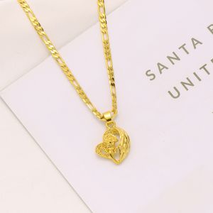 Heart Rose Pendant Italian Figaro Link Chain Necklace 18k Solid Yellow Gold GF 24" 3 mm Womens