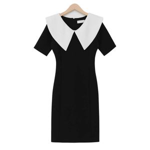 PERHAPS U Women Sailor Collar Black White Vintage Dress Pencil Knee Length Short Sleeve Elegant D1042 210529