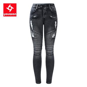 2168 Youaxon Black Motorcycle Biker Zip Jeans Kvinnors Mid High Waist Stretch Denim Skinny Pants Motor för kvinnor 210708