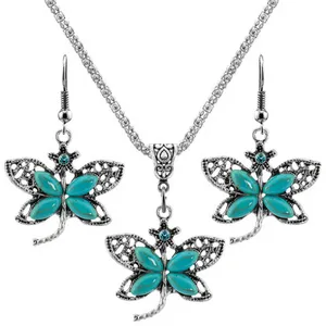 Örhängen Halsband FYJS Unik Silverpläterad Dragonfly Form Green Turquoes Stone Pendant Dangle För Kvinnor Smycken Set