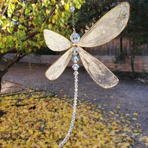 15 cm 6 Zoll Libelle Windspiel Sonnenfänger Kupfer Buntglas-Look Anhänger Kristall Fensterbehang Exquisite Flügel helle bunte Perlen Dekoration L120803