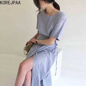 コレヒパアの女性は韓国の夏のエレガントなOネック半袖サイドストラップハイウエストスプリットロングバステッド210526