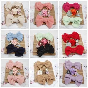 3pcs/lot Pearl Flower Chiffon Bows Baby Girl Elastic Headband Newborn Toddler Kids Khaki Nylon Headwear Hair Accessories Sets