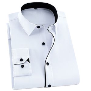 Twill White Mens Dress Shirts Långärmad Slim Fit Business Men Formell Tröja Casual Solid Utan Front Pocket Man Kläder 210626