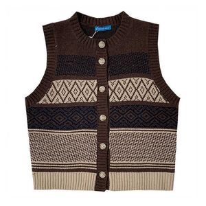 Kanske du kvinnor väst tröja crew neck stickad cardigan ärmlös brun khaki randig geometrisk vinter preppy stil m0230 210529