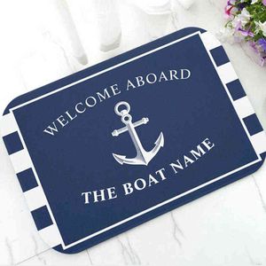 Chic Nautical Anchor Boat Strisce blu navy Zerbino personalizzato Personalizzato moderno Nome della tua barca Tappetino in gomma Tappeto Tappeto Decor 211109