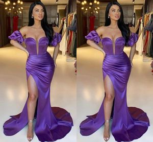 Duabi Sexy Árabe Roxo Plus Size Sereia Vestidos de Baile Até O Chão Alças Plissadas Drapeado Lado Alto Dividir Vestidos de Noite Formais Desgaste Custom Made