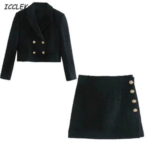 ICCLEK Womem's Blazers Garnitury Office Kurtki Cropped Coats Femme Dwa kawałki Eleganckie Długie Rękawy Crop Tops Black Mujer Ustawia Chic 220302