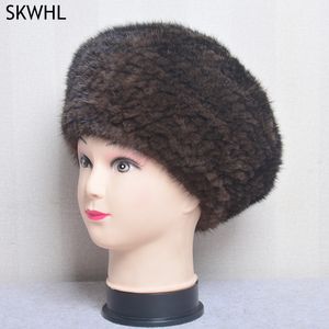 Moda zima ciepłe kobiety dzianiny czapki norek kapelusze berety prawdziwe naturalne norek futro kapeluszowe czapki
