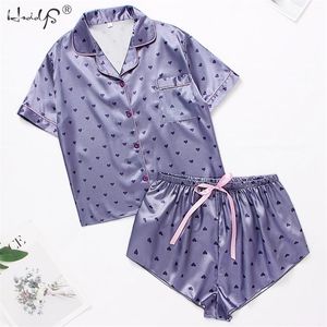 Frauen Seide Satin Pyjamas Set Kurzarm Shorts Anzug Button-Down Druck Nachtwäsche Loungewear Pyjamas Mujer Homewear 210830