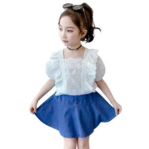 Barnkläder spetsblus + denim kjol tjej avslappnad stil kostym för sommar barn set 210528