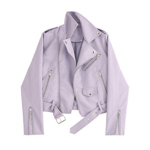 Корейский негабаритная искусственная кожаная куртка для женщин весна Auutmn молния фиолетовое пальто дамы Biker Moto Wearwear с поясом 210525