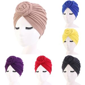 Cotton Muslim Donut turban hat Women's knotted Flower Hat Indian Beanie Bonnet Hooded Hat Hijab Headband Solid Turbanet Chemo Cap