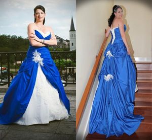 Nowoczesne błękitne i białe suknie ślubne linii plus rozmiar Ruched satyna rocznika sukienka dla nowożeńców Sweetheart zamiatania pociągu Lace-up Back Appliqued Lace Vestidos de Novia Al8817