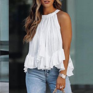 Women's Blouses & Shirts Blouse O-neck Vest Layered Ruffles Sleeveless Solid Color White Shirt Summer Clothing Blusas Para Mujer