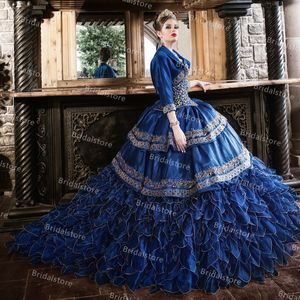 Luxo Royal Azul Quinceanera Vestidos Com Casaco Querida Cristal Frisada Frisada Bola Vestido de Prom Vestido 2021 Doce 16 Aniversário Bolero Vestido