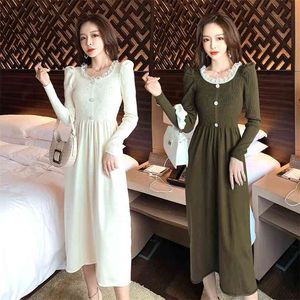 Winter sweater knitting Korea Ladies Long SLeeve crew neck warm LOng Maxi pleate Dresses for women clothing 210602